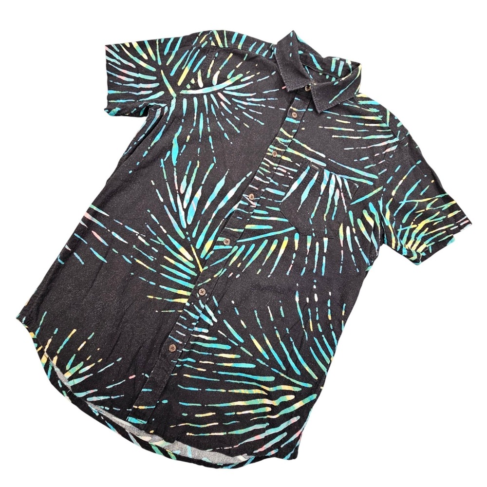 Rip Curl The Search Mens Small Button Down Neon Tropical Palm Leaf Print Black